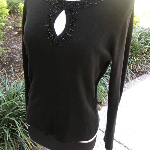 Beaded trimmed black dressy sweater by Emma James, Size M - Picture 2 of 6